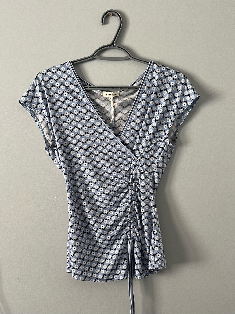 Max Studio Light Blue Floral Wrap Ruched Tie Top